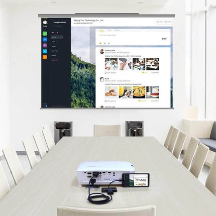 USB-C Multi-Port Adapter for HDMI, VGA, and Device Connections set up in a meeting room connecting a laptop and projector for presentations