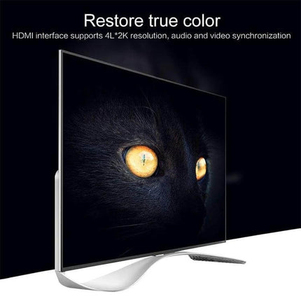 USB-C Multi-Port Adapter for HDMI, VGA, and Device Connections showing TV display with vivid colors and projector-ready HDMI 4K demo