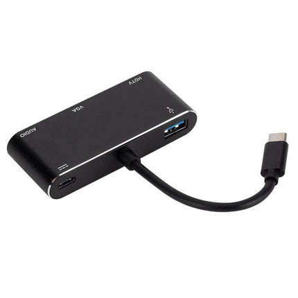 USB-C Multi-Port Adapter for HDMI, VGA, and Device Connections - black hub with HDMI, VGA, USB-A and USB-C ports for displays and peripherals