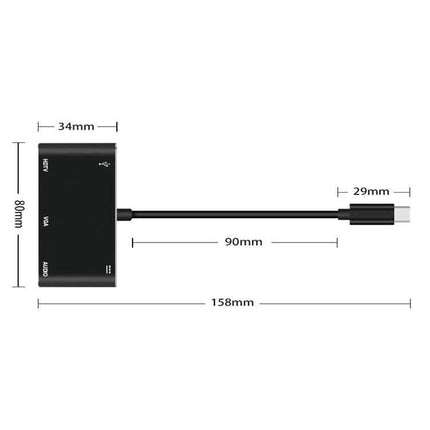 USB-C Multi-Port Adapter for HDMI, VGA, and Device Connections — compact black adapter with HDMI, VGA, USB ports and 158mm cable length