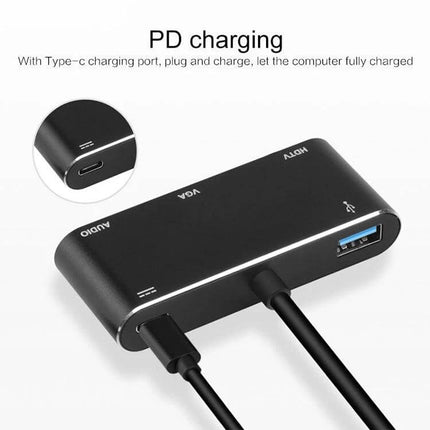 USB-C Multi-Port Adapter for HDMI, VGA, and Device Connections black hub showing HDMI VGA audio USB ports and PD charging cable