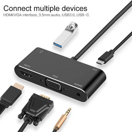 USB-C Multi-Port Adapter for HDMI, VGA, and Device Connections black hub showing HDMI, VGA, audio jack and USB-C cable