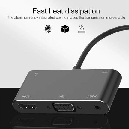 USB-C Multi-Port Adapter for HDMI, VGA, and Device Connections - compact aluminum hub with HDMI, VGA, and audio ports for laptops and projectors