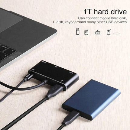 USB-C Multi-Port Adapter for HDMI, VGA, and Device Connections connected to laptop, external hard drive and peripherals for meetings and productivity
