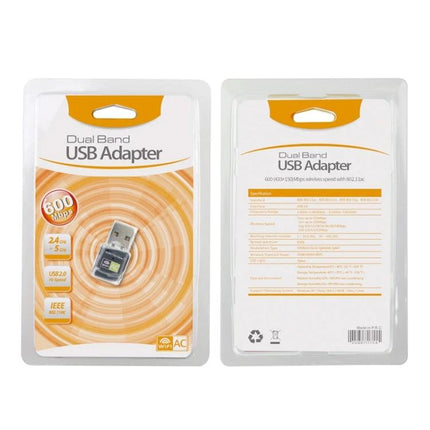 Dual-Band Wireless USB Adapter for Home Network Connectivity USB stick packaging showing front and back view