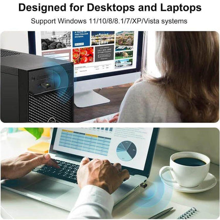 Dual-Band Wireless USB Adapter for Home Network Connectivity plugged into desktop and laptop improving WiFi in home office and travel