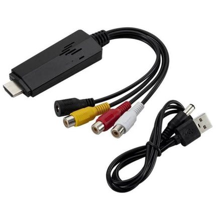 HDMI to 3RCA Video Converter Adapter for Connecting to Older TVs, black HDMI-to-RCA adapter with red white yellow RCA connectors and USB power cable