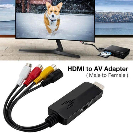 HDMI to 3RCA Video Converter Adapter for Connecting to Older TVs shown with TV, HDMI source and red white yellow RCA cables