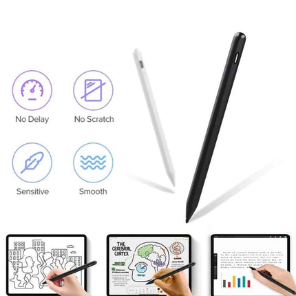 Stylus Pen for iPad - Perfect for Drawing, Writing, and Note-Taking shown with black and white stylus demonstrating no delay, no scratch, sensitive and smooth input