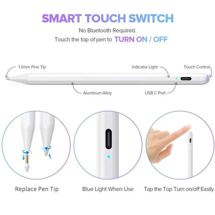 Stylus Pen for iPad - Perfect for Drawing, Writing, and Note-Taking slim white stylus with touch switch, replaceable 1.5mm tip and USB-C charging
