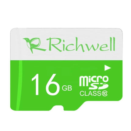 Richwell 16GB Class 10 Micro SD Memory Card for Cameras and Devices - green and white microSD showing 16GB and Class 10 branding