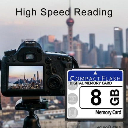 8GB Compact Flash Card for Camera and Device Storage shown next to DSLR capturing city skyline, high-speed reading memory card