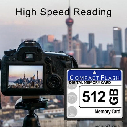 Compact Flash Card with 512MB Storage for Digital Devices on DSLR camera tripod showing city skyline, reliable flash memory for photographers