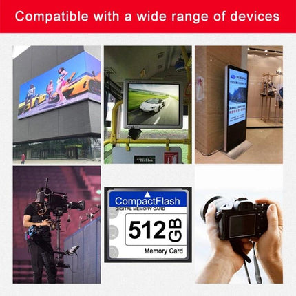 Compact Flash Card with 512MB Storage for Digital Devices showing card, camera, displays and photography uses