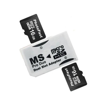 Micro SDHC to MS PRO Duo Dual Slot Adapter for Devices showing white dual-slot adapter with two 16GB Micro SDHC cards