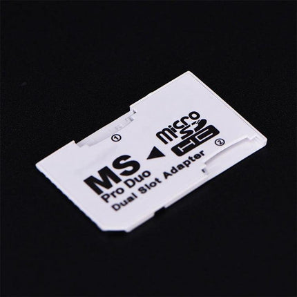 Micro SDHC to MS PRO Duo Dual Slot Adapter for Devices white adapter shown on black background