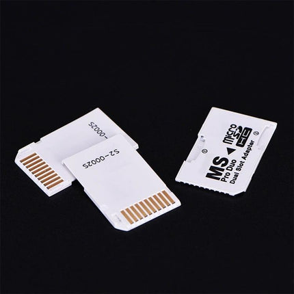 Micro SDHC to MS PRO Duo Dual Slot Adapter for Devices white dual MicroSD to MS PRO Duo adapter on black background