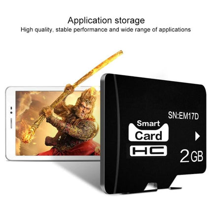 Eekoo 2GB Micro SD Memory Card for Everyday Device Storage front view showing 2GB card beside smartphone playing video