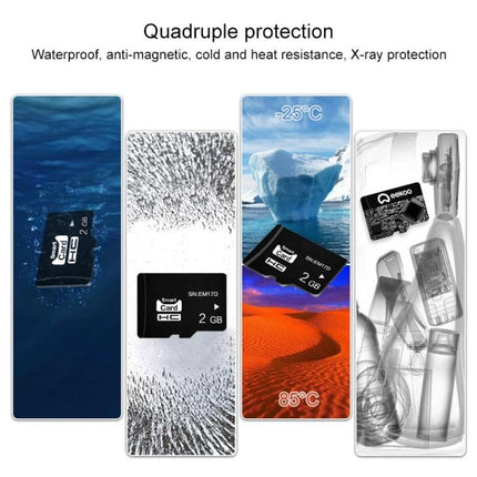 Eekoo 2GB Micro SD Memory Card for Everyday Device Storage showing card with waterproof, cold/heat, magnetic and X-ray protection icons