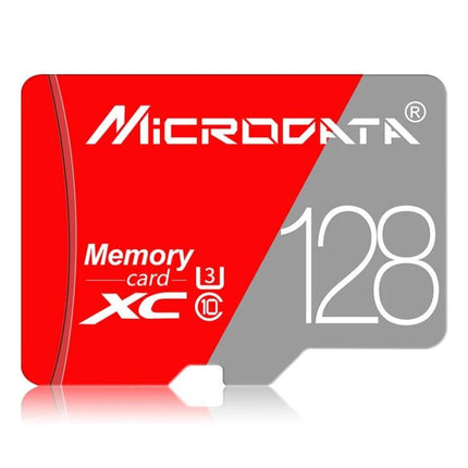 Microdata 128GB Class 10 Micro SD Card for Phones and Cameras - red and gray memory card with XC and 128 printed