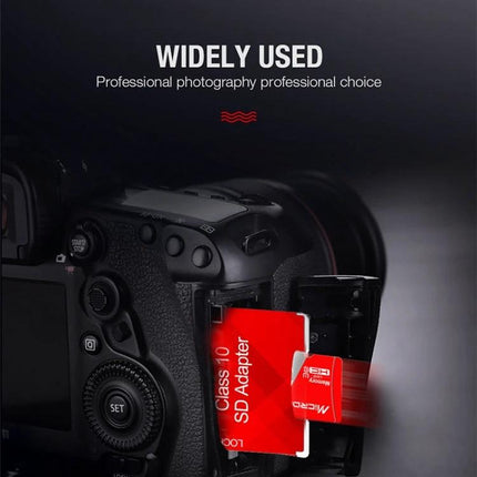 Microdata 128GB Class 10 Micro SD Card for Phones and Cameras shown inserted in a DSLR with red SD adapter for reliable photo and video storage