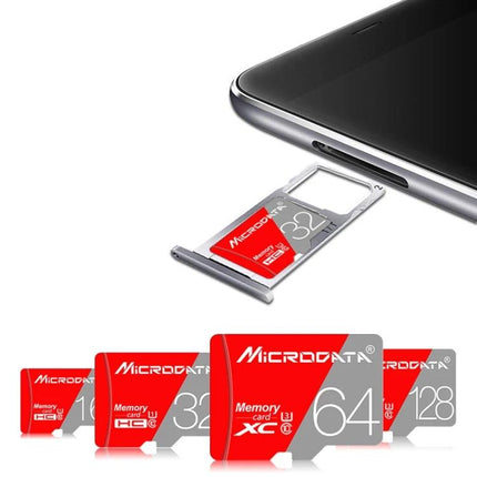Microdata 128GB Class 10 Micro SD Card for Phones and Cameras — 128GB card beside smartphone tray, plug-and-play storage for photos and videos