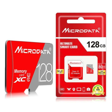 Microdata 128GB Class 10 Micro SD Card for Phones and Cameras showing red retail packaging and memory card