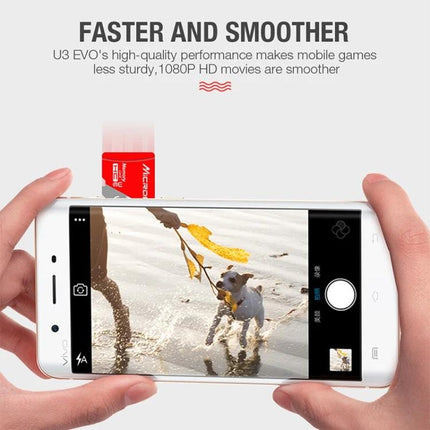 Microdata 128GB Class 10 Micro SD Card for Phones and Cameras showing plug-and-play use in a smartphone capturing photos and videos