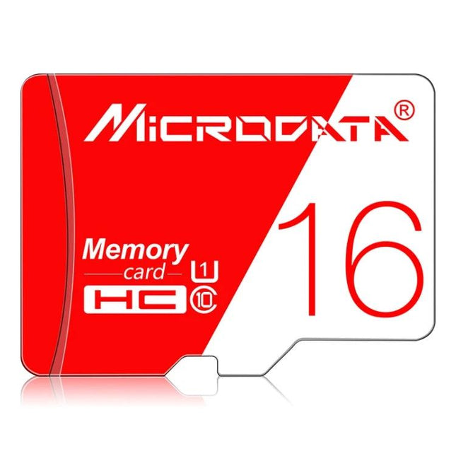 Microdata 16GB Micro SD Memory Card for Cameras and Devices - red and white micro SD card showing 16GB, HC and U1 speed class