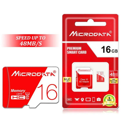 Microdata 16GB Micro SD Memory Card for Cameras and Devices packaged red card and adapter for high‑resolution photos and videos
