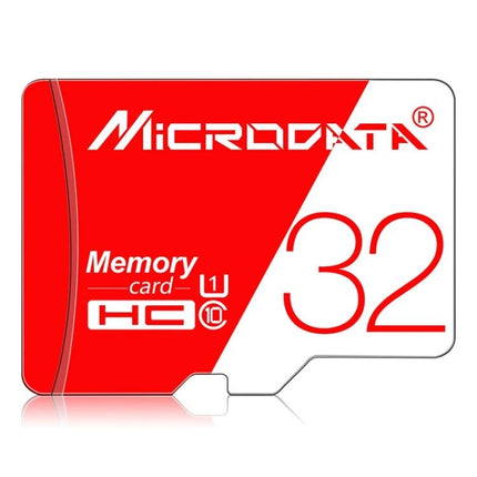 Microdata 32GB Micro SD Card for Storing Photos and Videos - red and white memory card image showing 32GB, U1, class 10 labeling