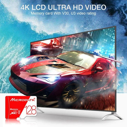 Microdata 32GB Micro SD Card for Storing Photos and Videos - 4K video-ready memory card showing red sports car on TV display