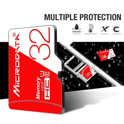 Microdata 32GB Micro SD Card for Storing Photos and Videos - red memory card showing multiple protection features