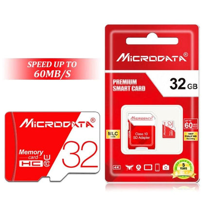 Microdata 32GB Micro SD Card for Storing Photos and Videos showing red packaged Microdata card with SD adapter and speed up to 60MB/s