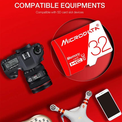 Microdata 32GB Micro SD Card for Storing Photos and Videos shown next to a DSLR, drone and smartphone on red background