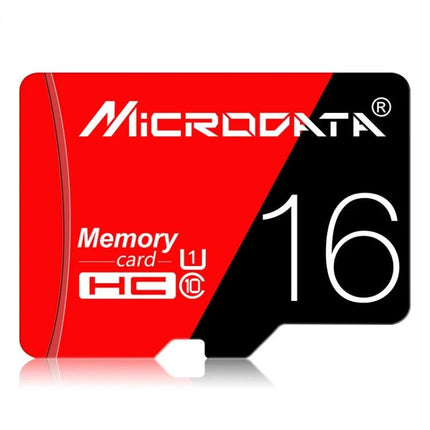 Microdata 16GB Micro SD Memory Card for Smartphones and Devices - red and black branded micro SD card showing 16GB and class icons