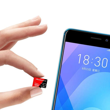 Microdata 16GB Micro SD Memory Card for Smartphones and Devices held near a smartphone showing compatibility and compact storage
