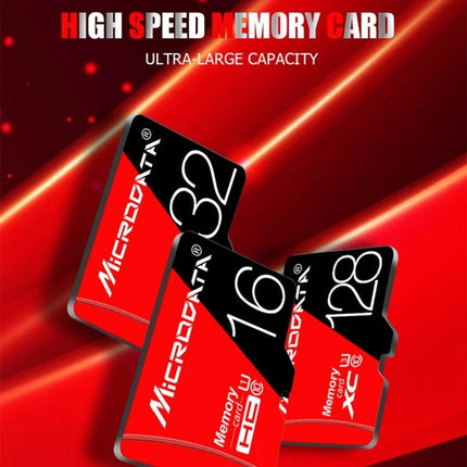 Microdata 16GB Micro SD Memory Card for Smartphones and Devices showing red high-speed 16GB microSD with adapters and icons
