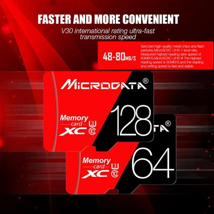 Microdata 16GB Micro SD Memory Card for Smartphones and Devices showing red memory cards with fast 48-80MB/s transfer speed