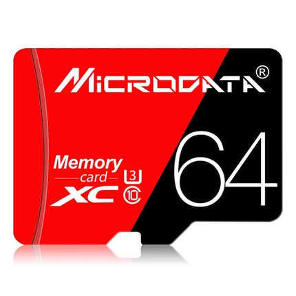Microdata 64GB Micro SD Card for Storing Photos and Videos - red and black micro SD card showing 64GB capacity