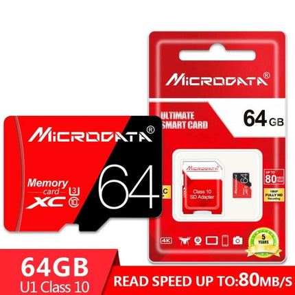 Microdata 64GB Micro SD Card for Storing Photos and Videos - red and black 64GB micro SD memory card with SD adapter packaging