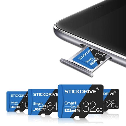 STICKDRIVE 32GB Blue Micro SD Card for Smartphones and Devices showing blue 32GB card being inserted into smartphone tray