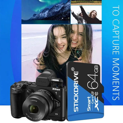 Stickdrive 128GB Blue and Black Micro SD Card for Devices shown with camera and travel photos for storing photos and videos