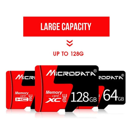 Microdata 8GB Red and Black Micro SD Card for Smartphones image showing red and black micro SD cards with capacities up to 128GB