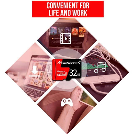 Microdata 8GB Red and Black Micro SD Card for Smartphones shown near smartphone, tablet, laptop and headphones highlighting storage for photos, video, music and apps