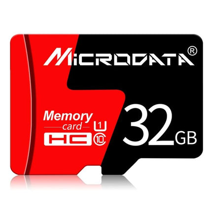 Microdata Red and Black 32GB Micro SD Card for Devices showing red and black 32GB memory card for smartphones cameras and GPS