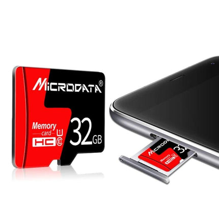 Microdata Red and Black 32GB Micro SD Card for Devices plugged into smartphone tray, red and black design, expandable storage for photos and apps
