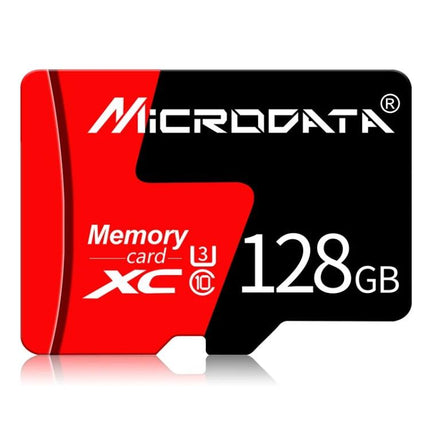 Microdata 128GB Micro SD Card for Storing Photos and Videos - red and black microSD card showing 128GB, XC U3 C10 branding
