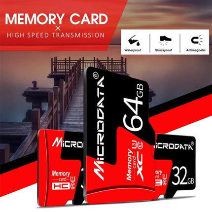 Microdata 128GB Micro SD Card for Storing Photos and Videos - black red memory card showing 64GB 32GB icons waterproof shockproof plug-and-play