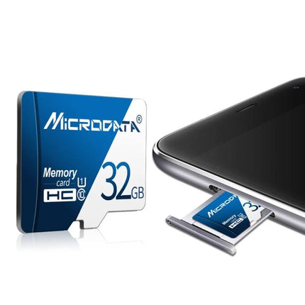 Microdata 16GB Micro SD Memory Card for Everyday Devices shown next to a smartphone SIM tray for storing photos, videos, and maps